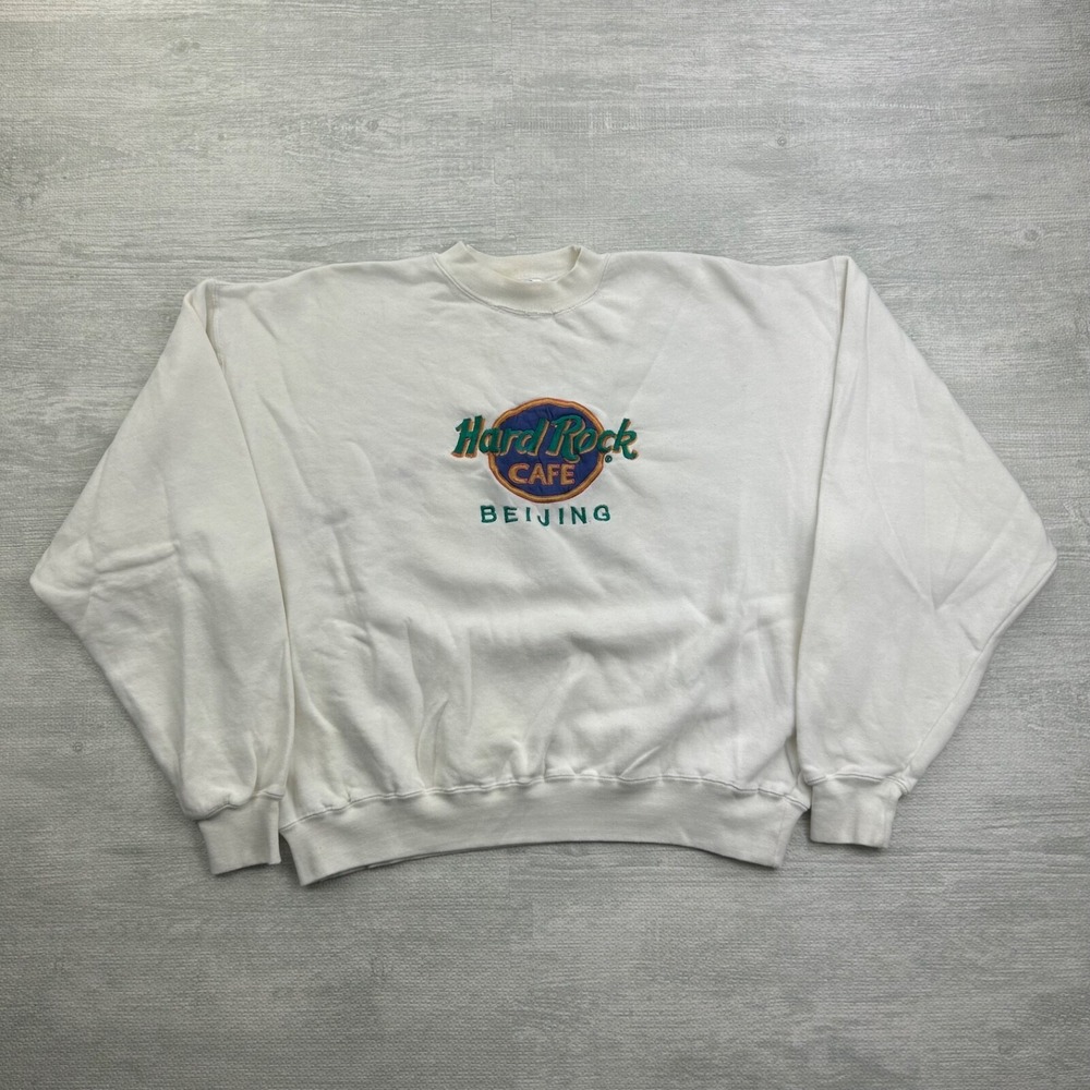 Vintage 90s Hard Rock Cafe Beijing Sweatshirt Size XL White Embroidered Logo